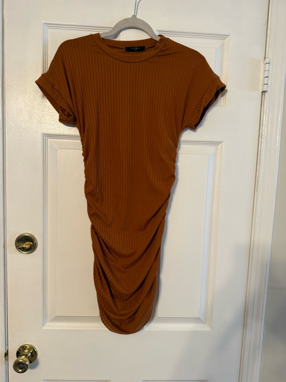 Ruched Ribbed Midi Dress - Cinnamon Brown